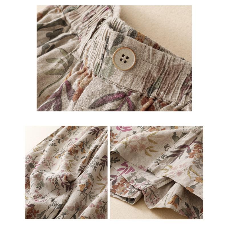 DIMANAF 2026 Summer New Plus Size Women Long Pants Cotton Linen Vintage Loose Elastic Waist Casual Lady Bottoms Print Floral