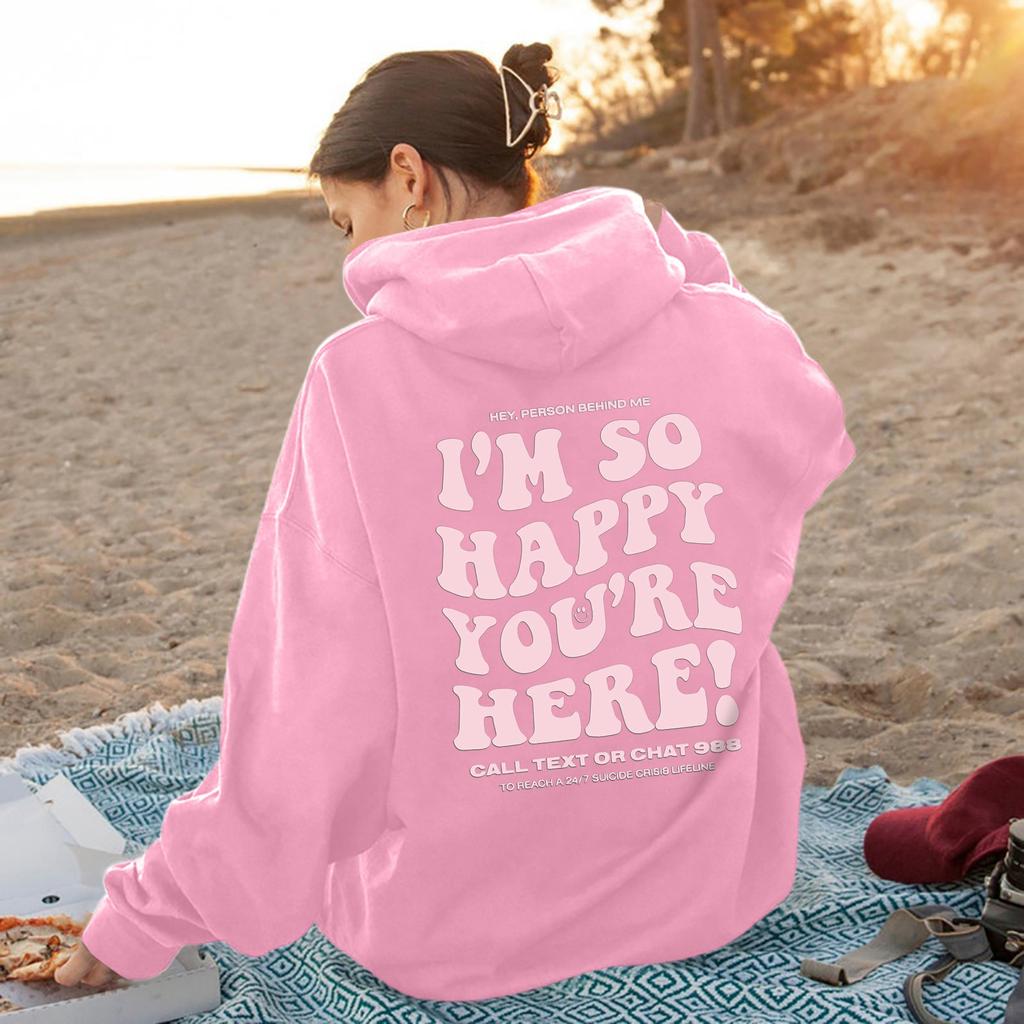 I'M So Happy You'Re Here European And American New Fashion Letter Print Hooded Back Collar Plush Sweater For Women