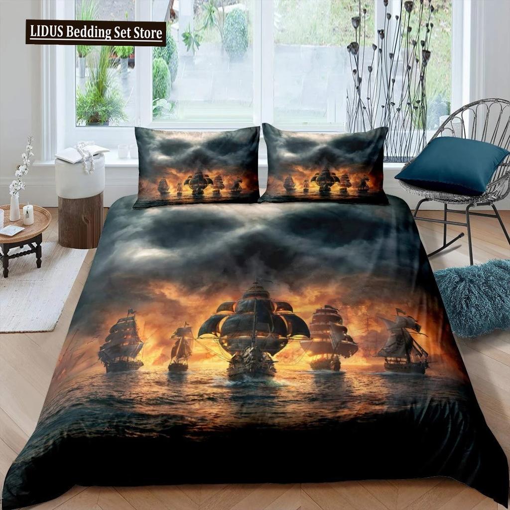 Pirate Duvet Cover Set Queen Sailboat Comforter Set Nautical Ocean Bedding Set Cool Style Quilt Co