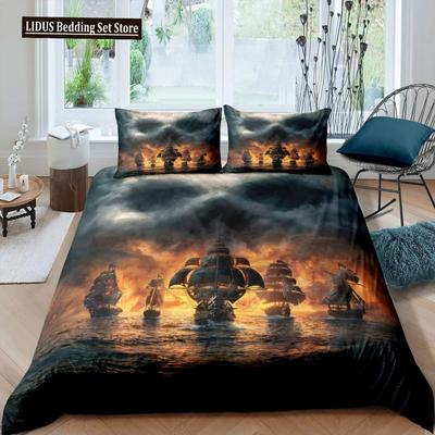 Piraten Bettbezug Set Queen Segelboot Bettdecken Set Nautisches Ozean Bettwäsche Set Cooler Stil Steppdecke Co