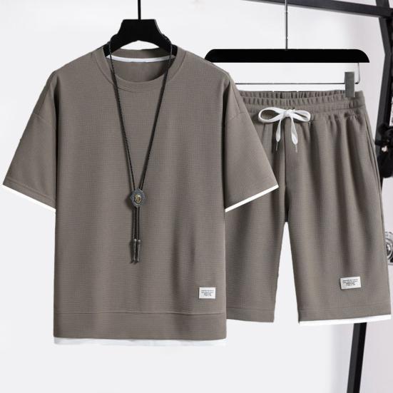 2 Pcs/Set Men Summer Tracksuit Set Casual Loose Solid Color Short Sleeves Elastic Waist Sports Drawstring Workout T-shirt Shorts Set Male Clothes