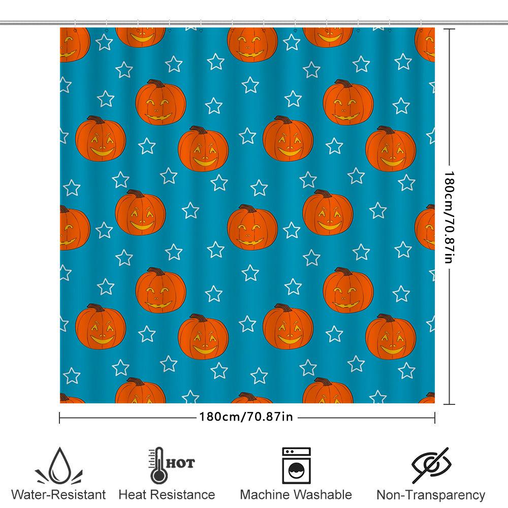 Halloween-Themed Shower Curtain With Blue Background And Pumpkin Pattern Suitable For Bathroom Decor Washable Waterproof Fabric