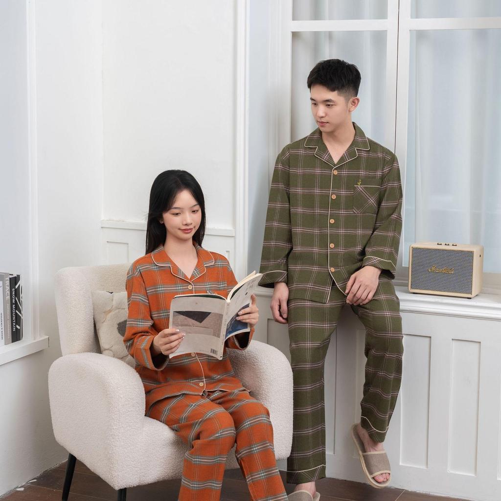 Couple's Woven Brushed Pajama Set for Autumn/Winter - Stylish Homewear for Men & Women, Suitable for Outdoor Wear