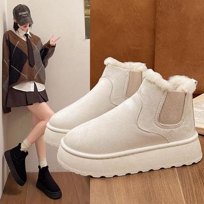 Women's 2025 Thick Sole Slip-On Snow Boots with Velvet, Leather & Fur, for Autumn/Winter Warmth