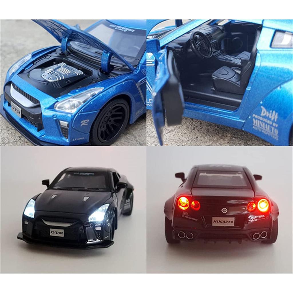 1/32 skala Nissan GTR Diecast bilmodell leketøy, tilbaketrekkende leketøy med lyd og lys for barn Småbarn Gutter Jenter Gavesamling