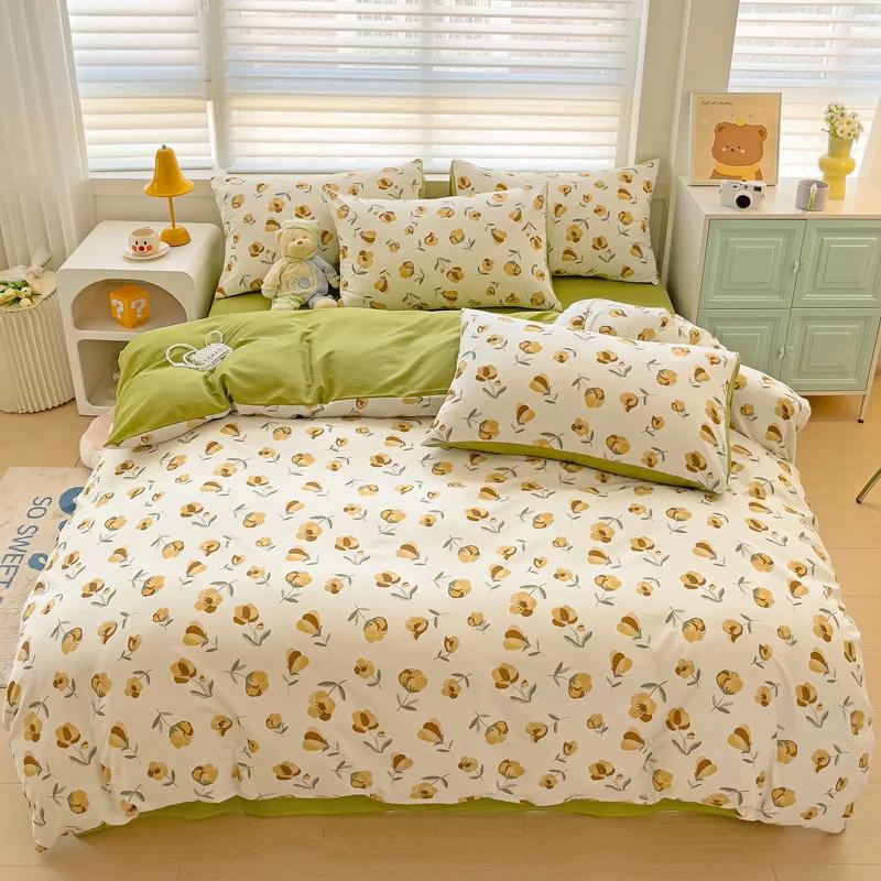 

Spring Flowers Duvet Cover Set 4pcs Bedding Set Floral Quilt Cover Polyester Comforter Cover with 1 Flat Sheet and 2 Pillowcases 150X200cm(4pcs)