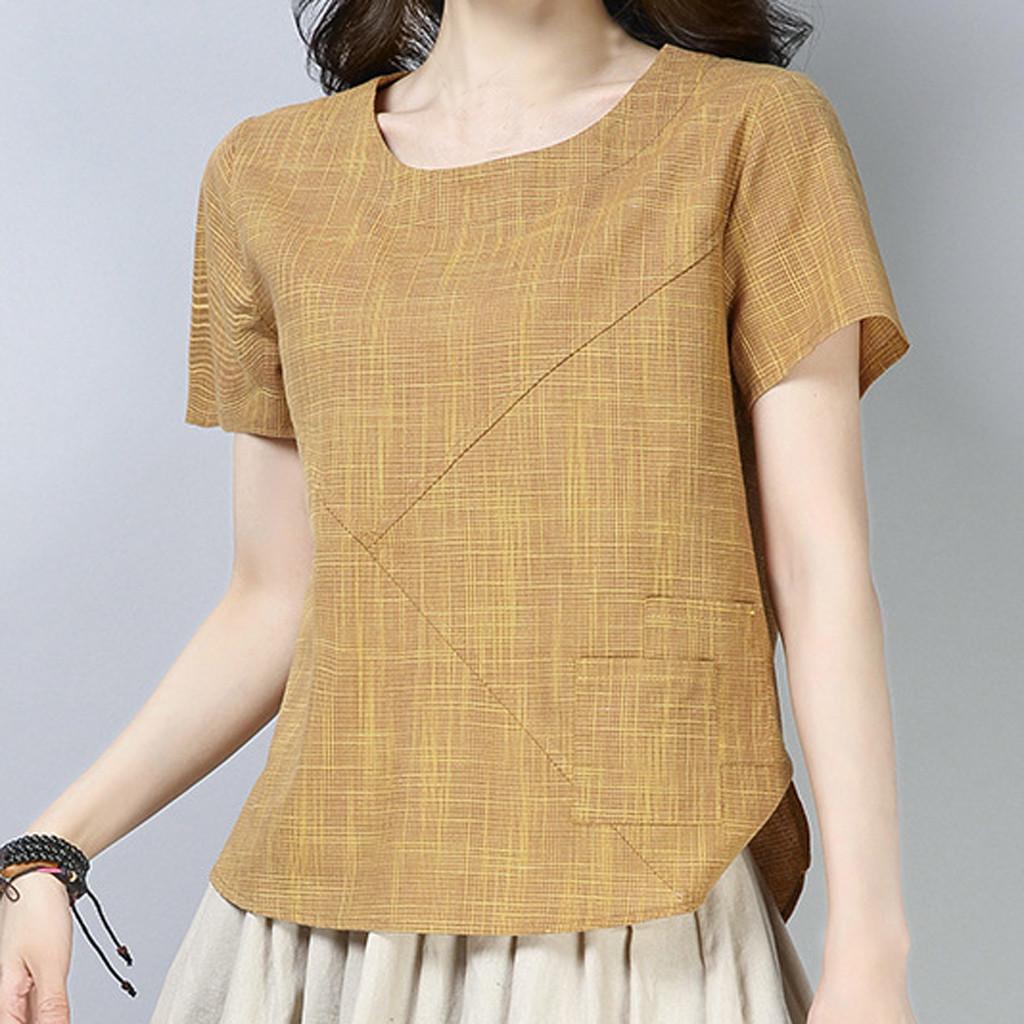 

Женская лоскутная хлопковая льняная футболка с короткими рукавами и однотонным верхом L жёлтый
