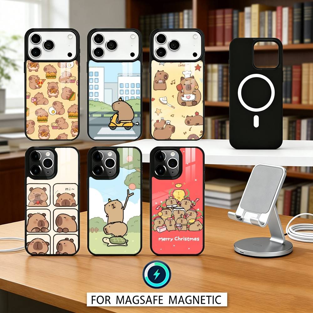 H-Happy C-Cute Capybara Cartoon Phone Case Magnetic For iPhone17 16 15 14 13 12 Pro Max For Magsafe Wireless Charging Cover