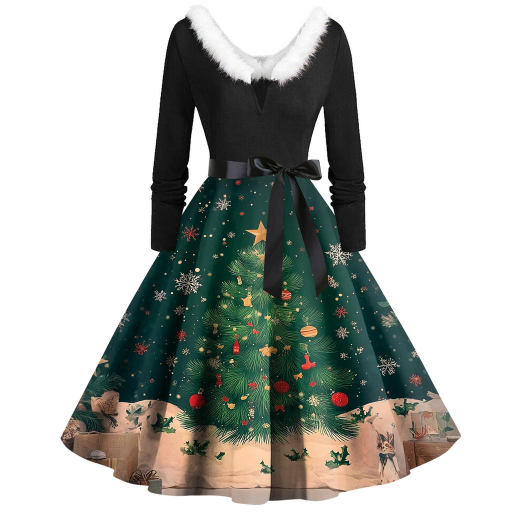 Women's Fashion Round Casual Slim Fit Christmas Print Large Swing Long Sleeve Dress