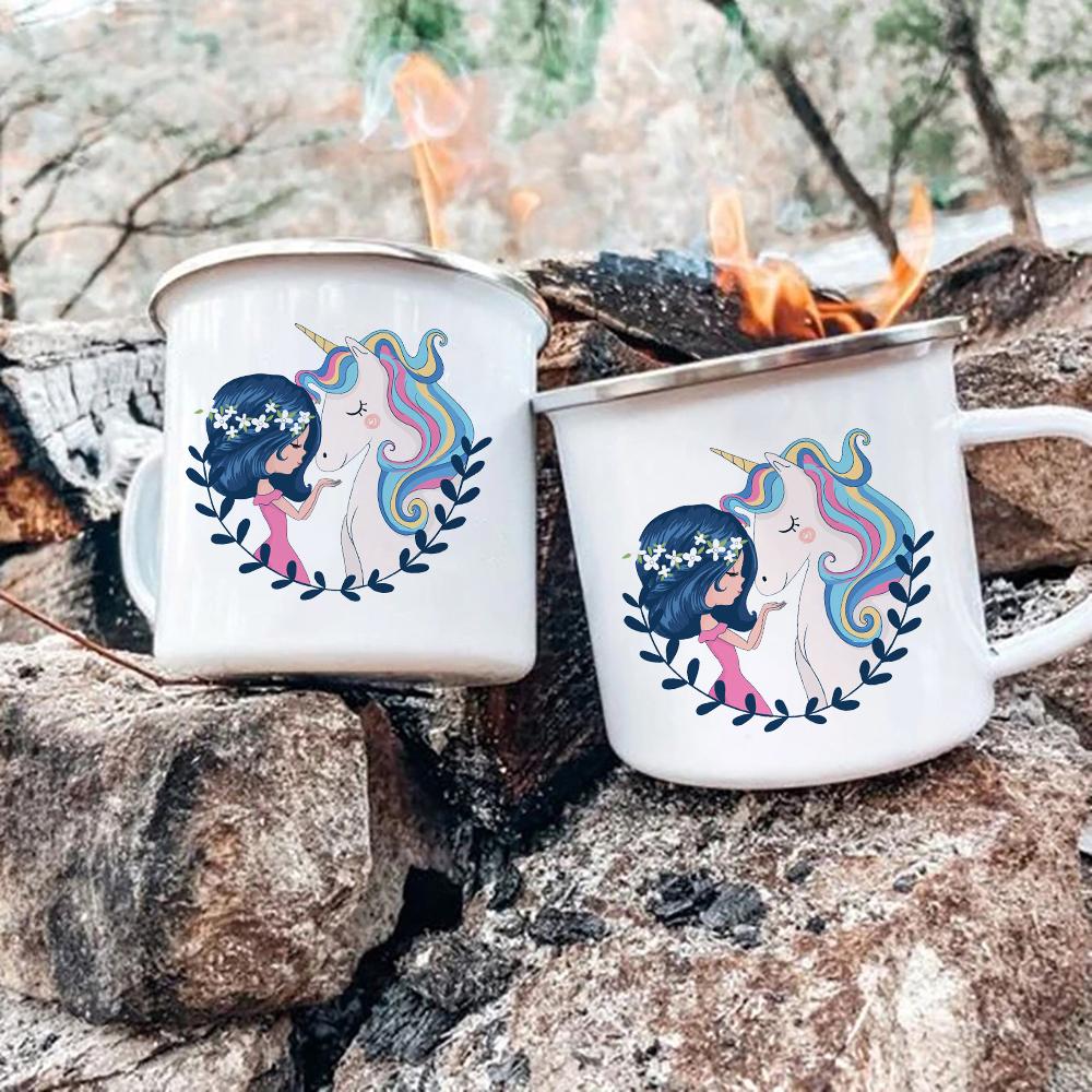 Girl and Unicorn Enamel Cup Drinkware Mugs Coffee Cups Tourist Mug Kawaii Unusual Tea Cup Personalized Gift Cupshe Beer Travel
