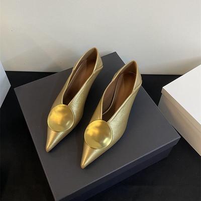French! Gold Pointed Metal Buckle Single Shoes Women's Summer Two Wear Light Mouth Medium Heel Small Leather Shoes Foreign Style Versatile Fashion