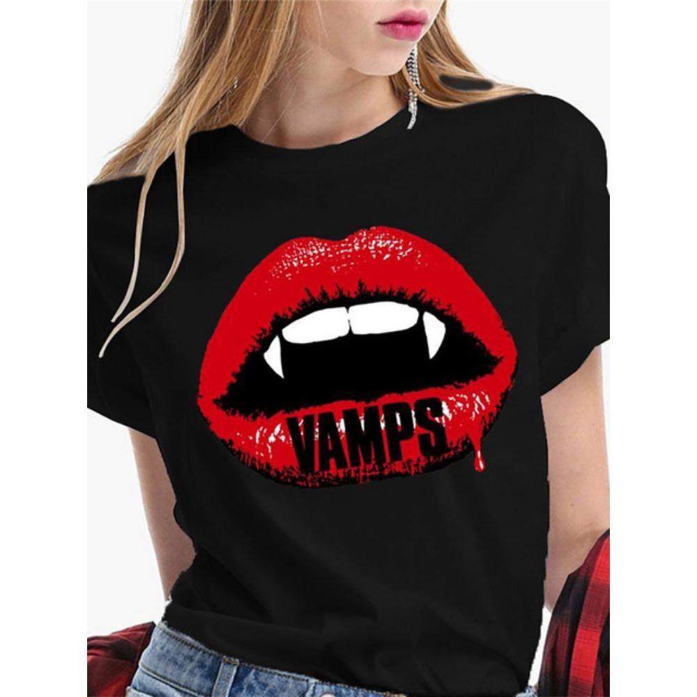 Fashion Sexy Red Lip Women T Shirt Funny Kiss Lips Print Ladies Casual Basis O-collar Short Sleeves Female Tops Tees