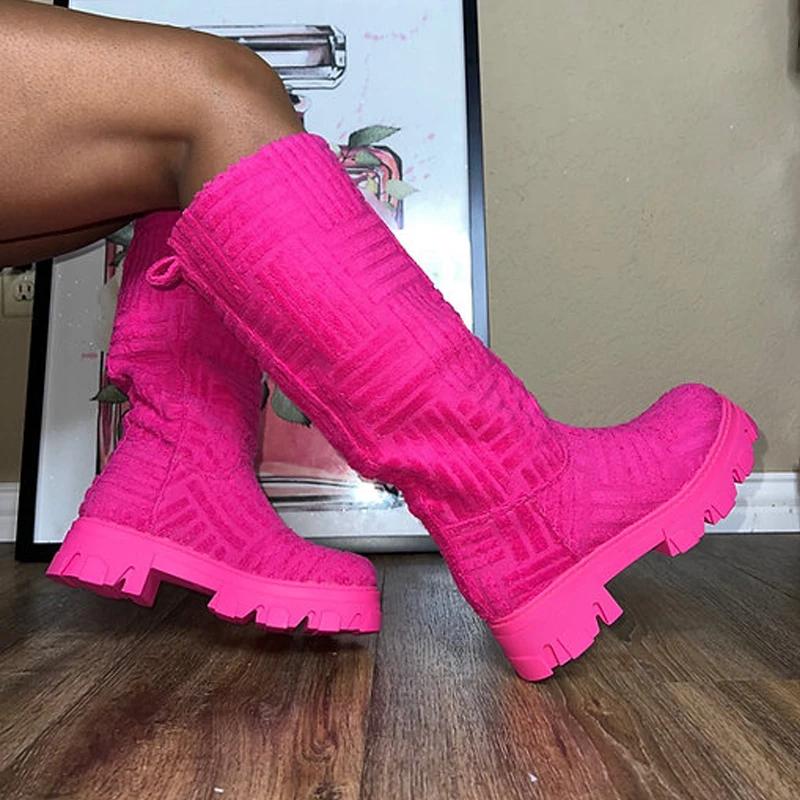 Mode Damen Lange Stiefel Markendesign Frottee Kniehohe Stiefeletten Damen Dicke Sohle Rosa Grün Botas Ton in Ton
