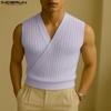 INCERUN Summer Men V Neck Front Cross Solid Rib Casual Tank Tops Undershirts