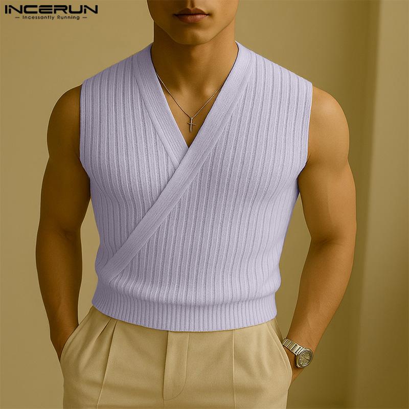 INCERUN Summer Men V Neck Front Cross Solid Rib Casual Tank Tops Undershirts