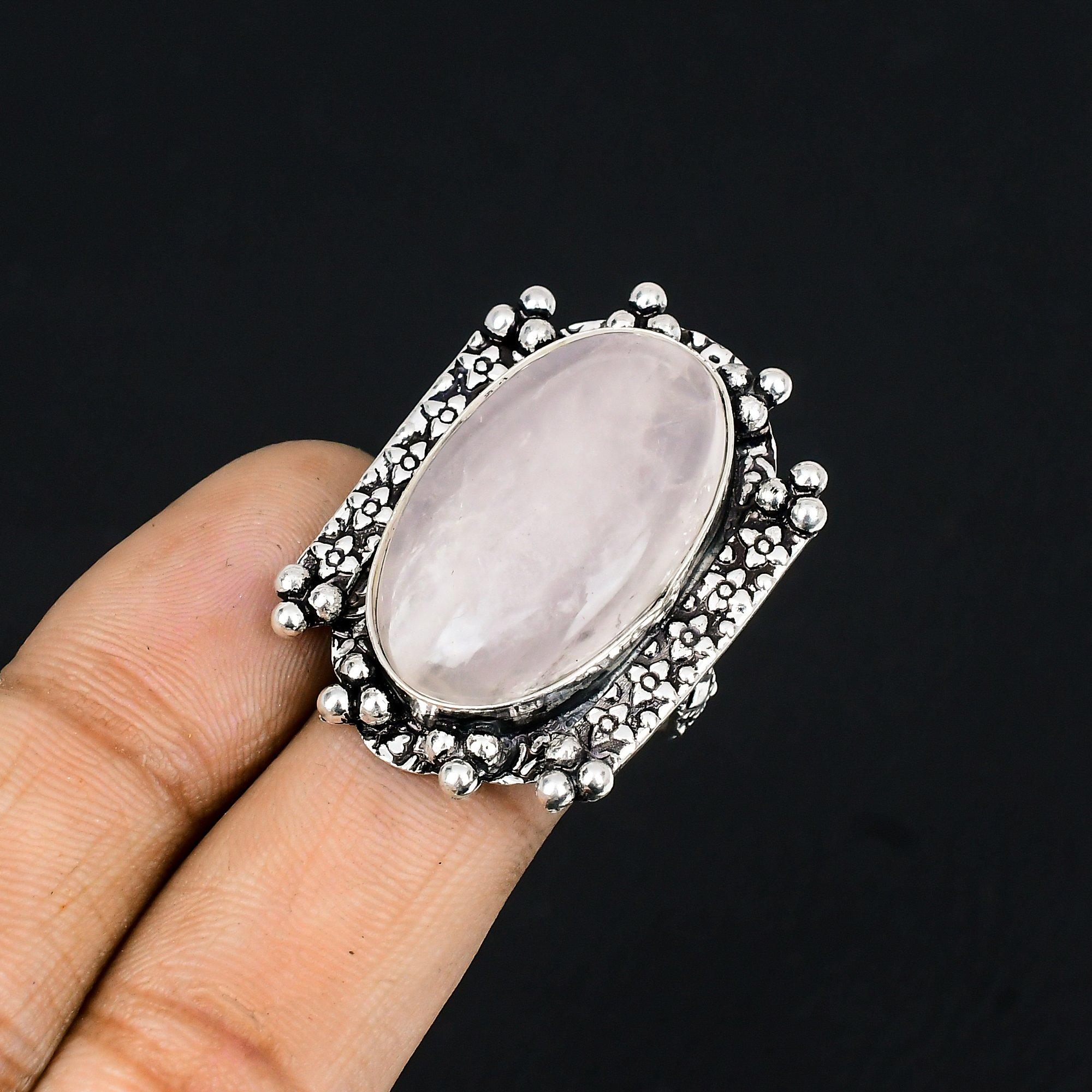 925 Silver Oval Natural Rose Quartz Sister Multi Stone New Ring Jewelry US 6.5 6.5