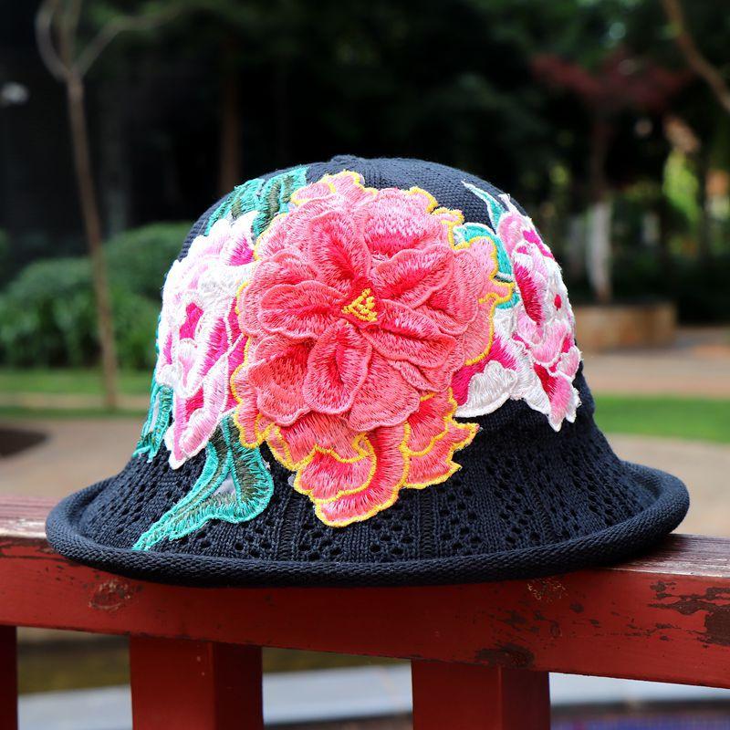 Vår og sommer etnisk vind broderi blomst sammenleggbar hatt dame strikkelue sandbøttehatt