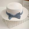 Beach Straw Hat Flat Top Wide Brim Sun Protection Hat with Striped Print Ribbon Bow Hand-Woven Breathable Summer Hat
