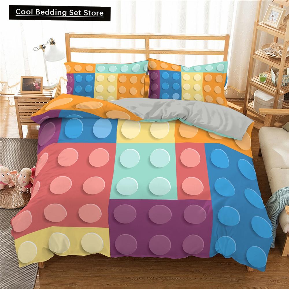 Colorful Toy King Queen Duvet Cover 3D Building Block Pattern Bedding Set Fun Brick Quilt Cover Gradient Rainbow Comforter Cover