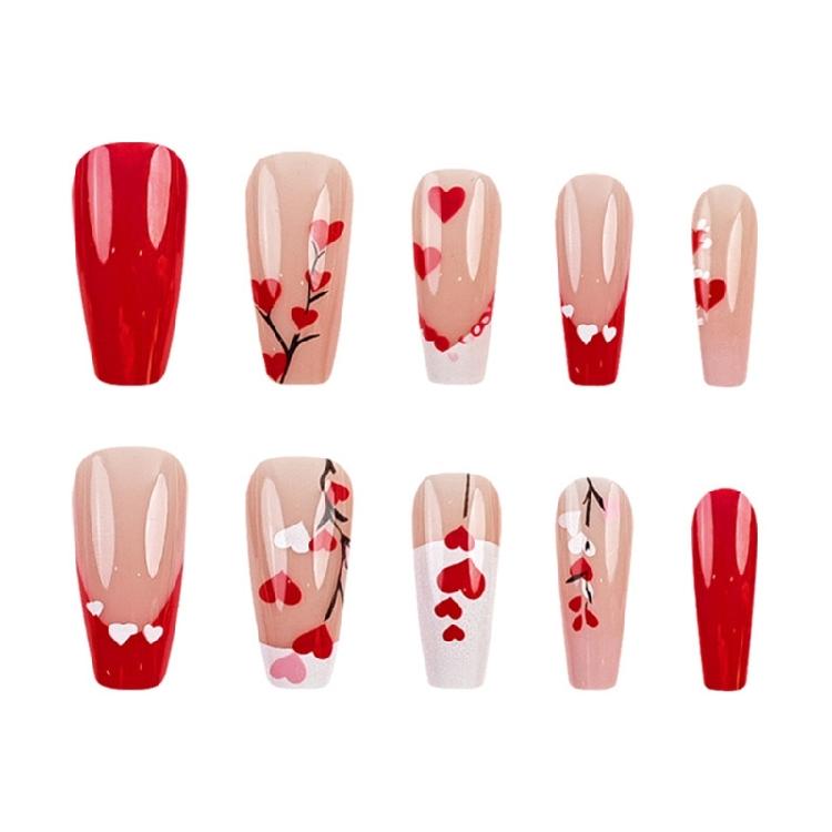 Valentinstag Falsche Nägel Lange Sarg-Aufkleber-Nägel mit Herz-Designs Press-on-Nägel Französische Spitze für Nagel-Enthusiasten