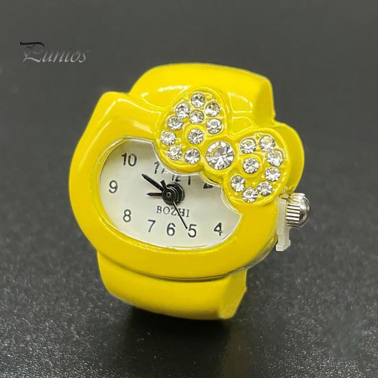 Cat Shape Ring Watch Cartoon Finger Rhinestone Bowknot Elastic Stainless Steel Band Women Birthday Gift Fashion Accessories
