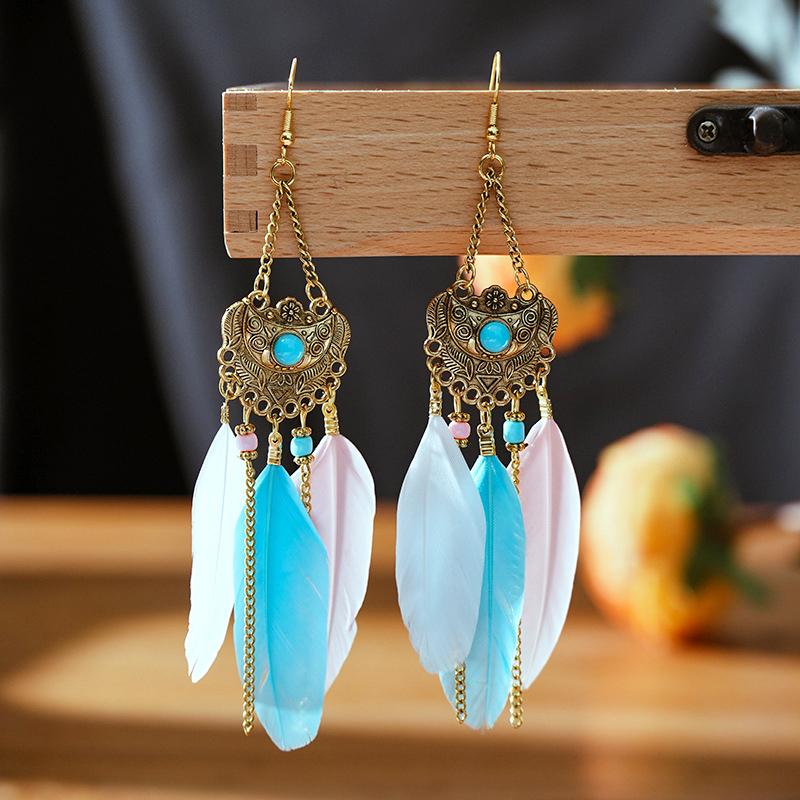 Modische Böhmische Bunte Federohrringe für Damen Ethnischer Stil Lange Geometrische Ohrringe Damen Schmuck Accessoires Geschenk