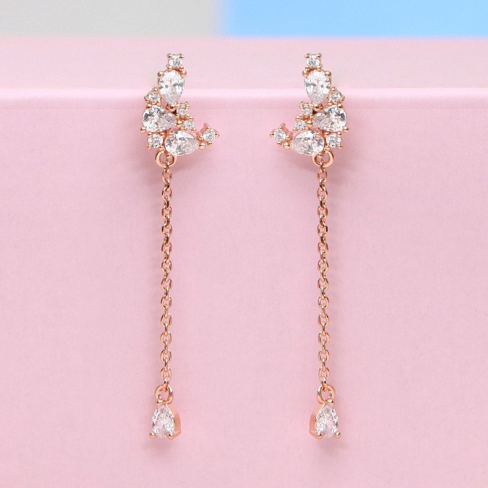 Gold Needle Chain Piercing Drop Cubic 14K Rose Gold Crescent Moon