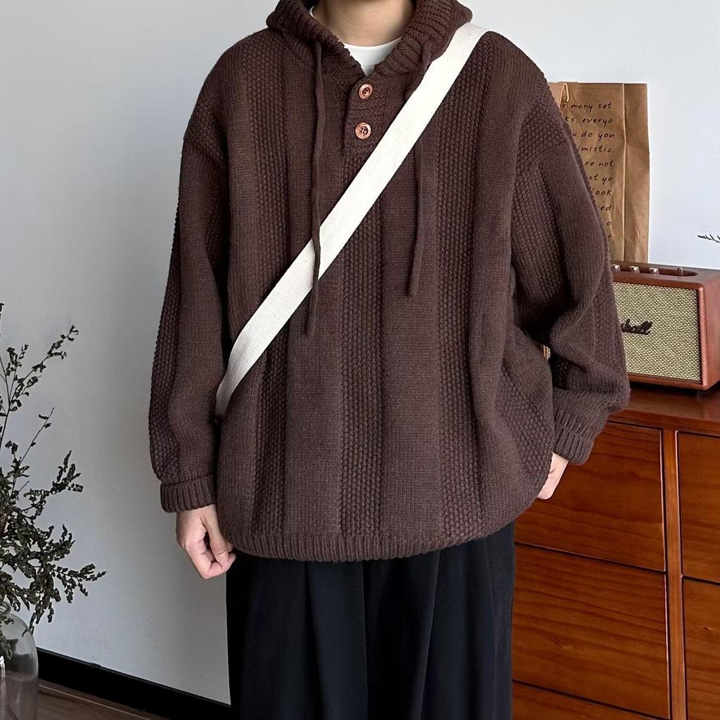 Pánský japonský pletený svetr s kapucí v barvě kávy - Teplý, volný střih pro podzim/zimu