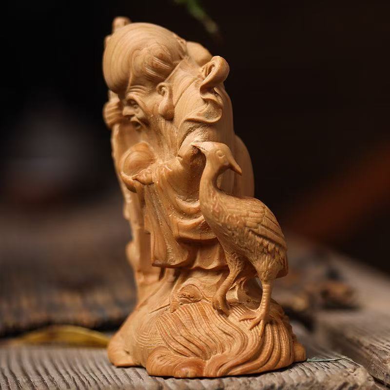 Natural Cypress Riding Turtle Longevity Star sculptures and figurines wood carving  Home Room Office Wealth Luck Feng Shui Decor