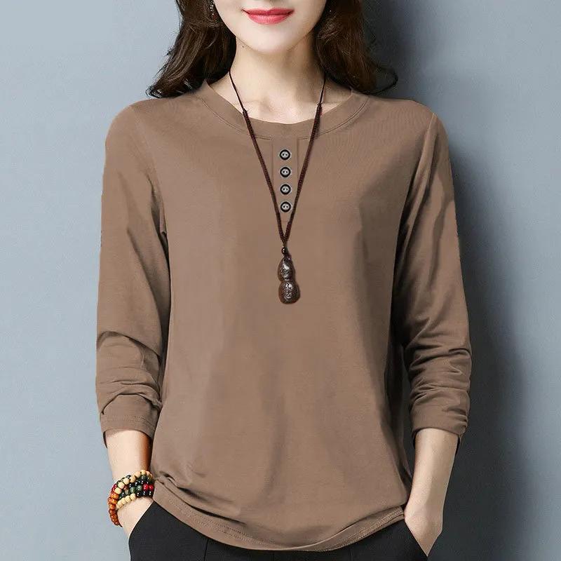 

Spring Autumn Solid Color Women Simple Casual Loose Button All Match Basic T-shirt Solid O Neck Long Sleeve Pullover Tops XS кофейный
