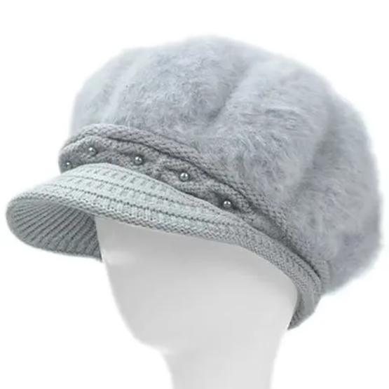 WTEMPO Winter Rabbit Hair Blend Hats Women Winter Large Caps with Pearls Solid Color Warm Plush Thick Knitted Hats