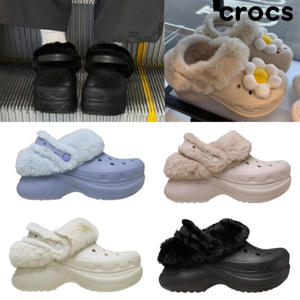 Crocs Women s Platform Fur Clogs Strappy Thermal Sandals Slippers Winter Daily Shoes black