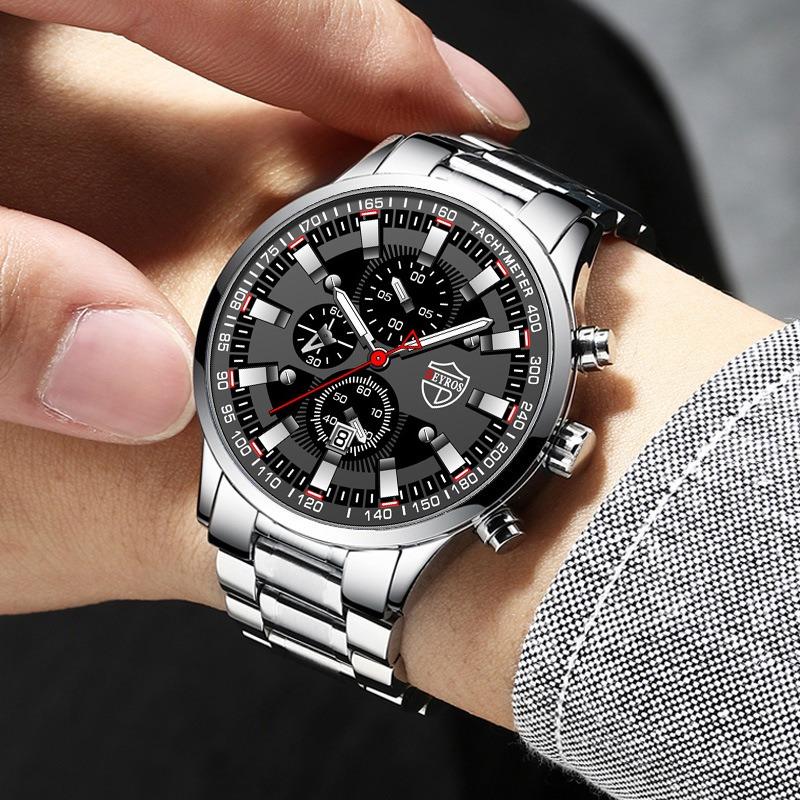 3pcs/set 1pc Fashion Casual Men's Calendar Stainless Steel Strap Quartz Watch & 1pc Men's Bracelet & 1pc Men's Necklace