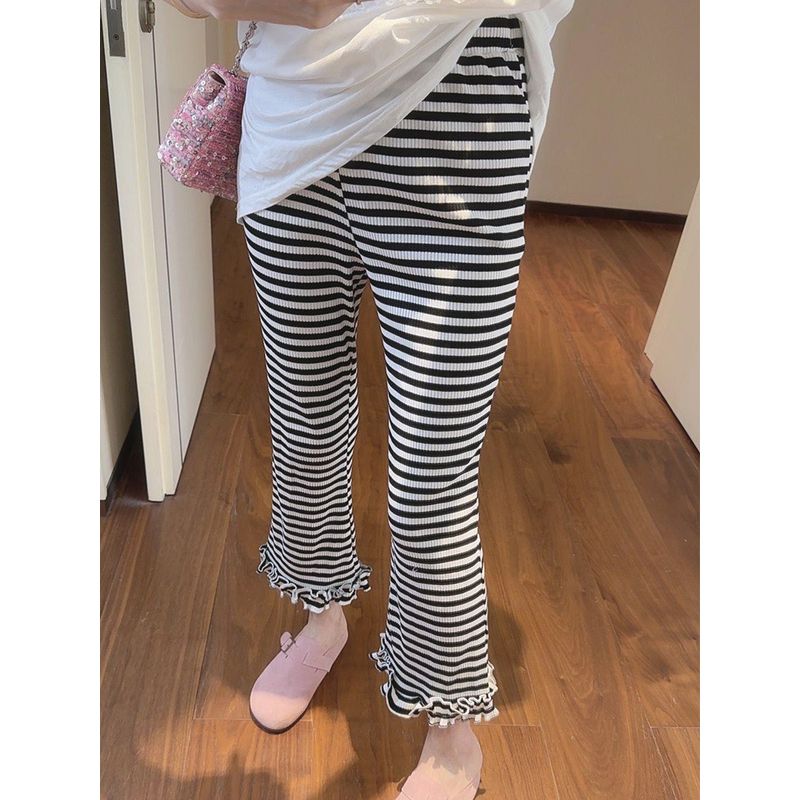 

South Korea Plus Size Ladies Ruched Wooden Ear Classic Casual Pants Stripes 2XL