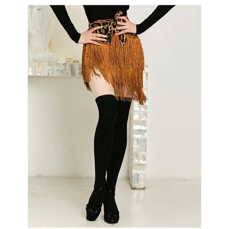 Latin Dance Skirt Leopard Print for Women Glitter Twinkle Fringe Wrap Skirt for Satge Performance Ballroom Costume Rave Party