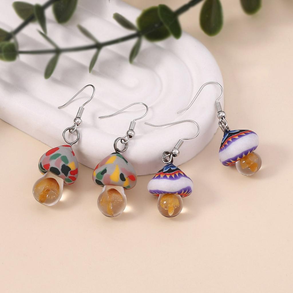 New Pastoral Creative Handmade Soft Ceramic Glass Colored Mushroom Ear Hook Personality Niche Cute and Versatile Earrings
