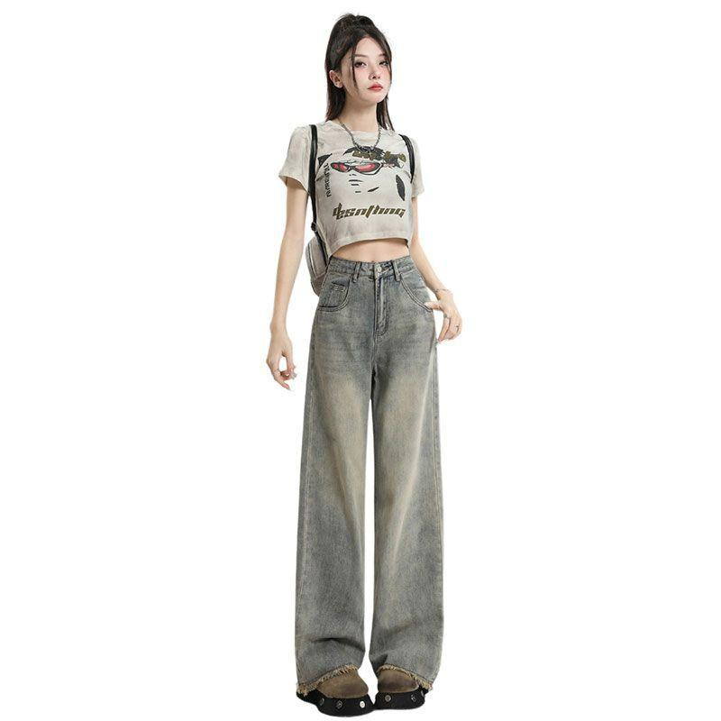 Washed Ragged Do Old Wide Leg Jeans Women's High-waisted Vintage Large Size Loose Straight Thin Draped Trousers Jeans for Women Long Denim Pants