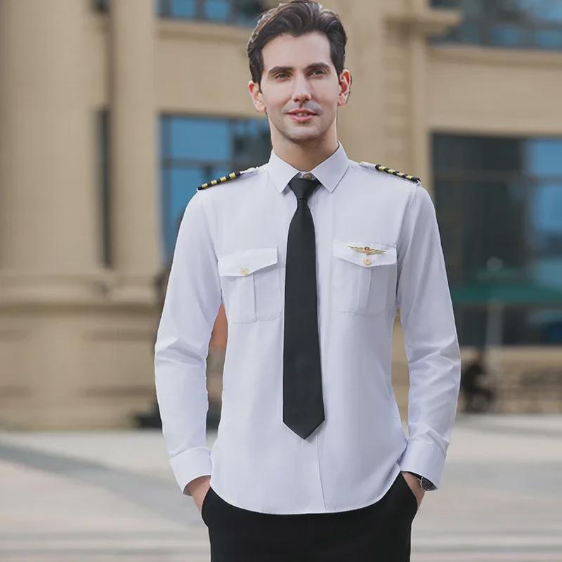 Navy Pilot Long-Sleeved Shirt: Unisex Flight Attendant & Captain Professional Attire