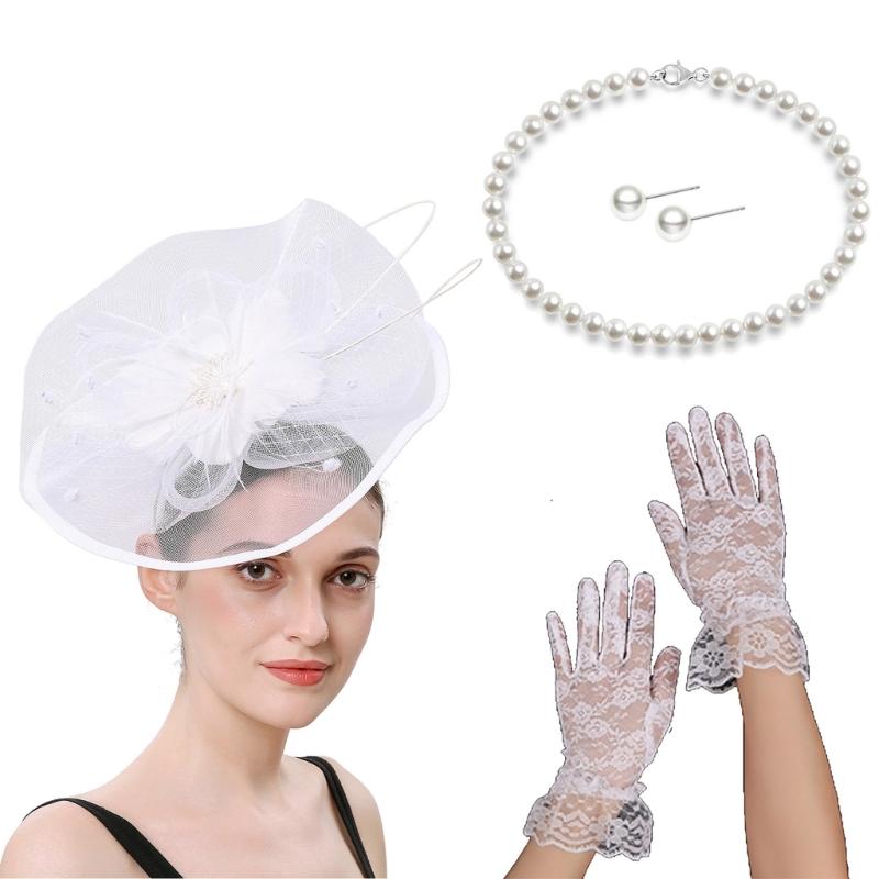French Fascinator Hat with Necklace Gloves Ear Studs Costume Set For Horse Racing Event and Halloween Party Dressingup