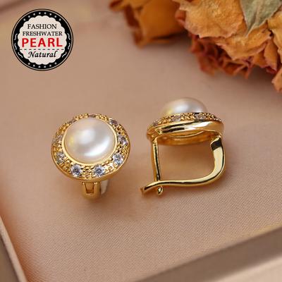 Orecchini in Perle d'Acqua Dolce Naturali Moda Zirconia Cubica Orecchini a Bottone con Perla Per Donna Gioielli da Festa