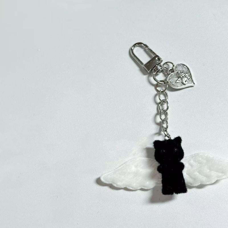 Cute Angel Wings Fuzzy Kitty Cat Heart Keychain Flocked Kitten Kawaii Phone Chain Anti-Lost Lanyard Pendant Bag Decor Gift