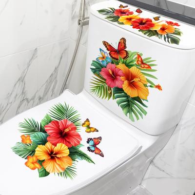 Tropical Floral Butterfly Toilet Stickers, Bathroom Decorative Stickers