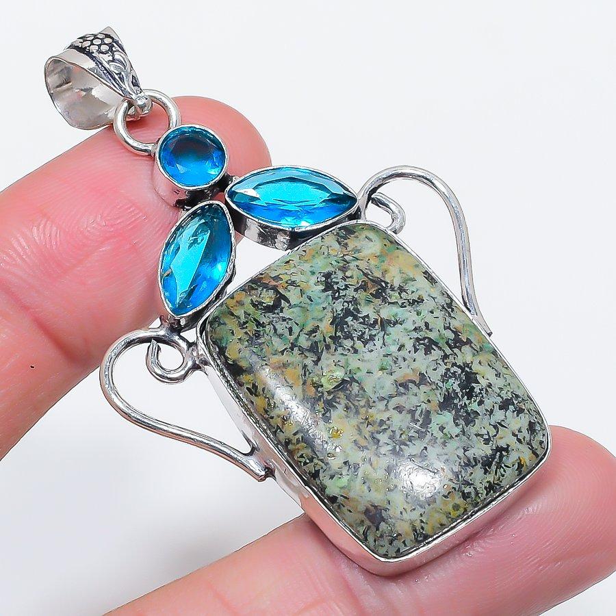 Natural Tibetan Turquoise, Topaz 925 Sterling Silver Jewelry Pendant 2.44" T1k54