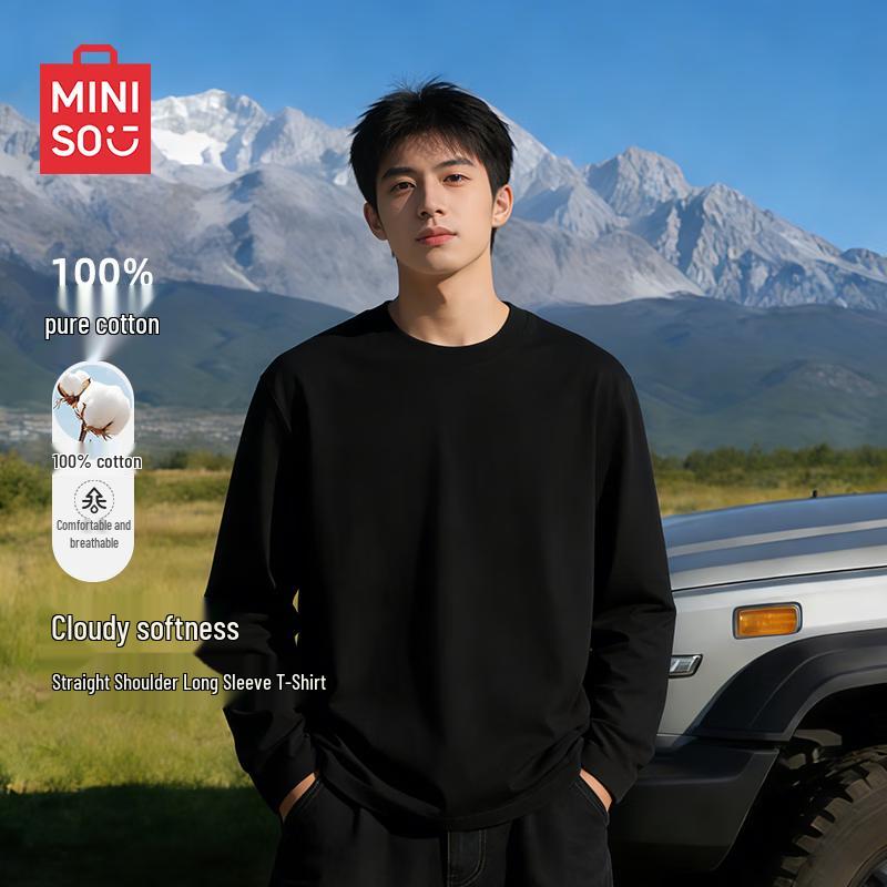 MINISO Men's Pure Cotton Loose Fit Long Sleeve T-Shirt