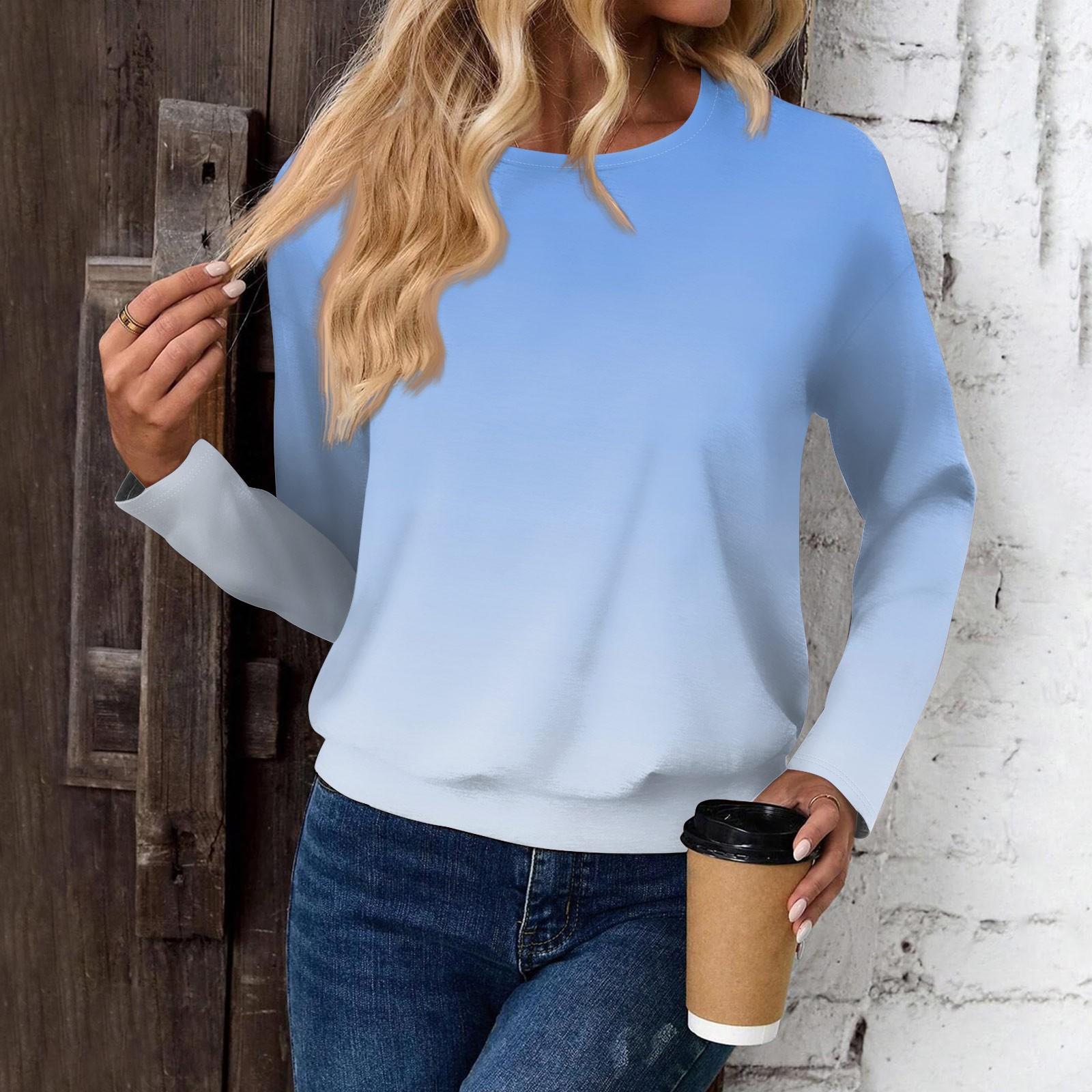 

Женский модный повседневный топ с длинными рукавами и принтом, открытыми плечами и круглым вырезом M светло-синий