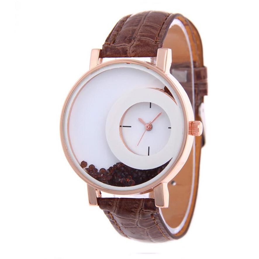 Funny Watch  Rhinestone Designed Round Dial Adjustable Faux Leather Strap Analog Quartz Special Lady Watches AVE