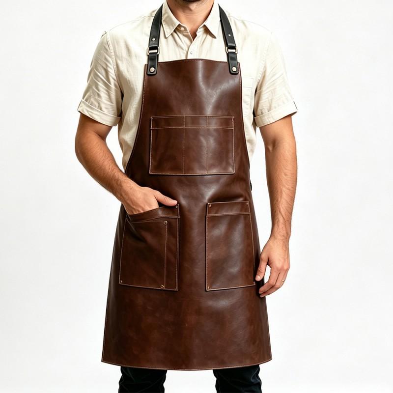 Unisex PU Leather Work Apron Waterproof Durable Multi Pocket Coffee Shop Kitchen