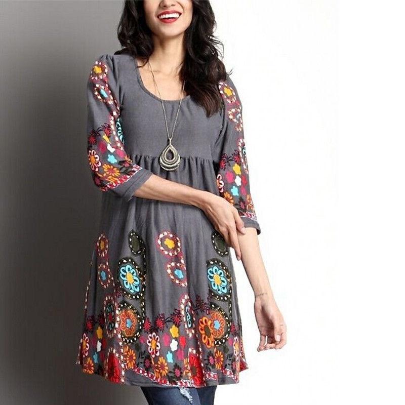 Elegantes Plus Size Damen Druck Langarm Mini Kleid T-Shirt Tunika Herbst S-5XL
