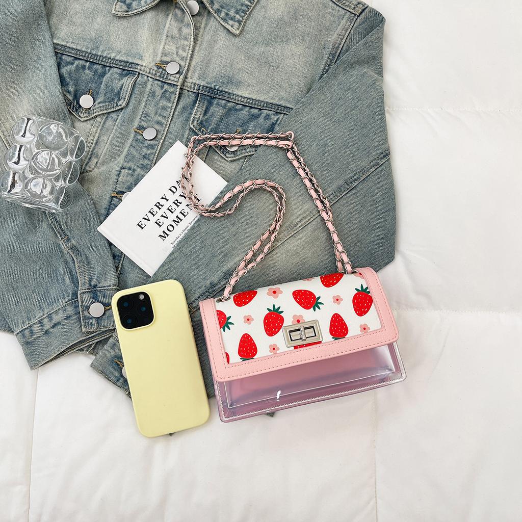 Sommer Gelee transparente Tasche 2025 kleine frische literarische Mädchen bedruckte Erdbeer Schulterkette Crossbody kleine quadratische Tasche Trend