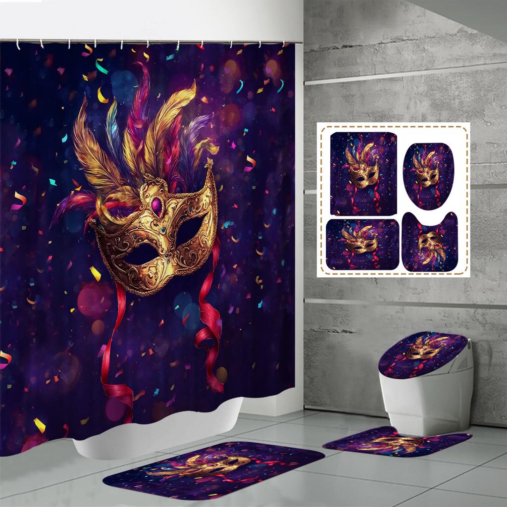 4PCS  Shower Curtain Sets With Shower Curtain And Rugs Toilet Lid Rug U Shape Mat And Bath Mat Bathroom Set  With 12 Hooks